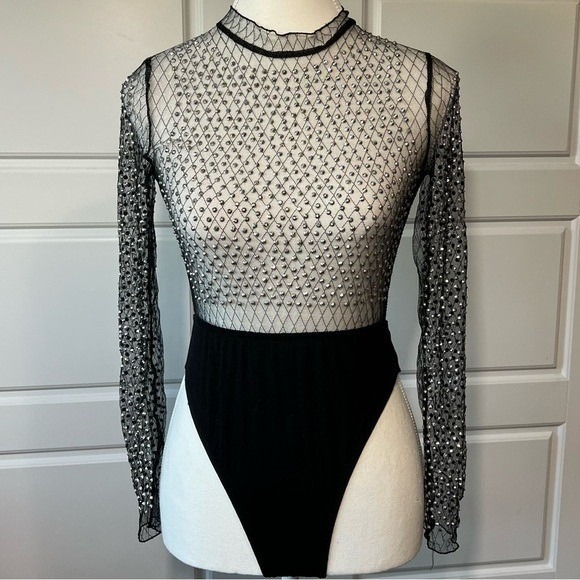 SHEIN Mesh Rhinestone Bodysuit Long Sleeve Party See Through Top Black - Picture 1 of 11